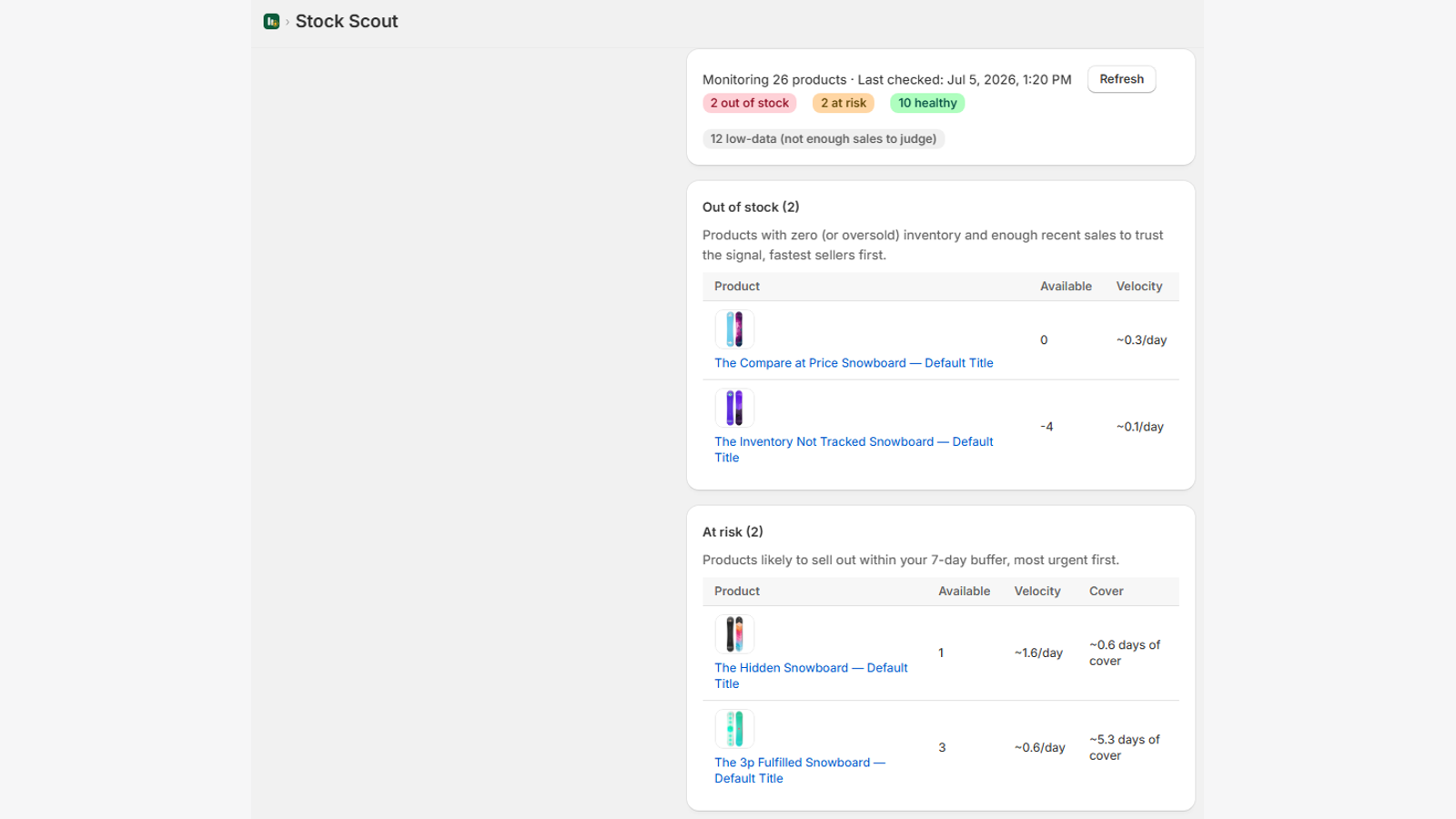 Stock Scout dashboard with stock health badges and product tables
